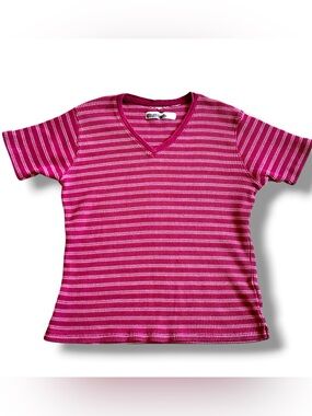 Retro Y2K 90s Womens Ribbed Striped baby T Shirt Top Sz L Grunge Indie Pink C-1